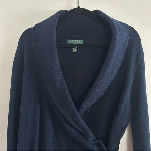 Lauren Ralph Lauren Knit Buckled Sweater Dress Cotton Blend Navy Large Faux Wrap - Picture 2 of 8